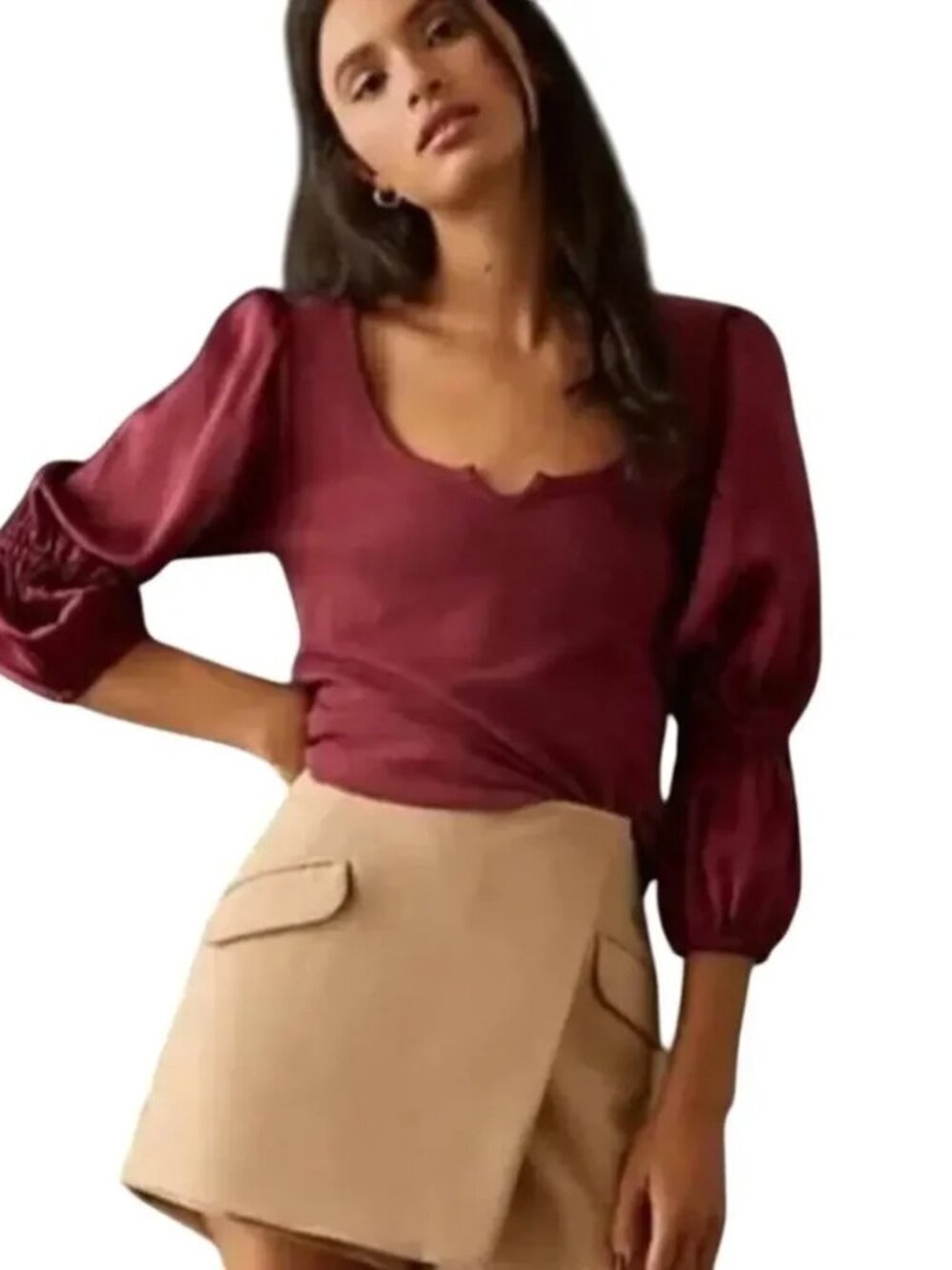 Maeve by Anthropologie Ribbed Tiered Long Sleeve Top in Burgundy Size S